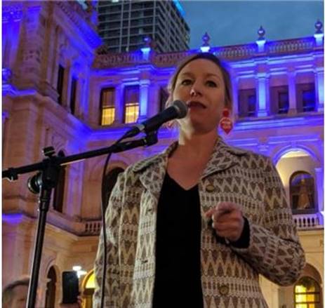 Hundreds of people protest Adani in brisbane's CBD. QLD Greens Senator,Larissa Waters speaks at rally